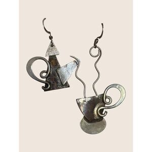 ☕️ VTG STERLING SILVER COPPER MISMATCHED ASYMMETRICAL COFFEE TEA TEAPOT EARRINGS